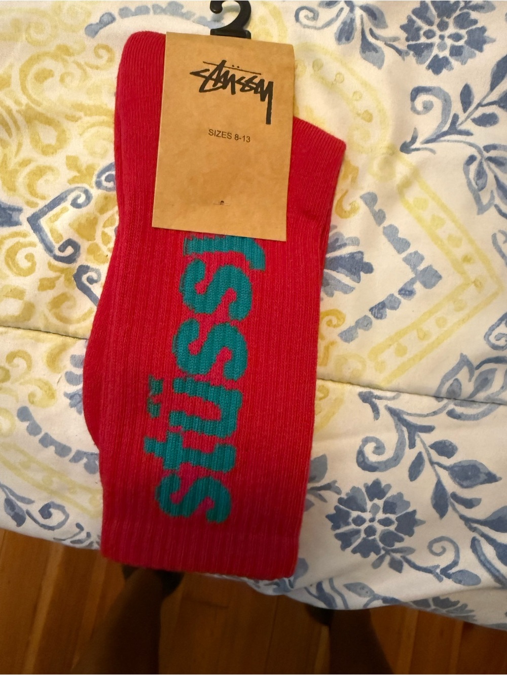 Stussy Helvetica Red Crew Socks with Teal Logo